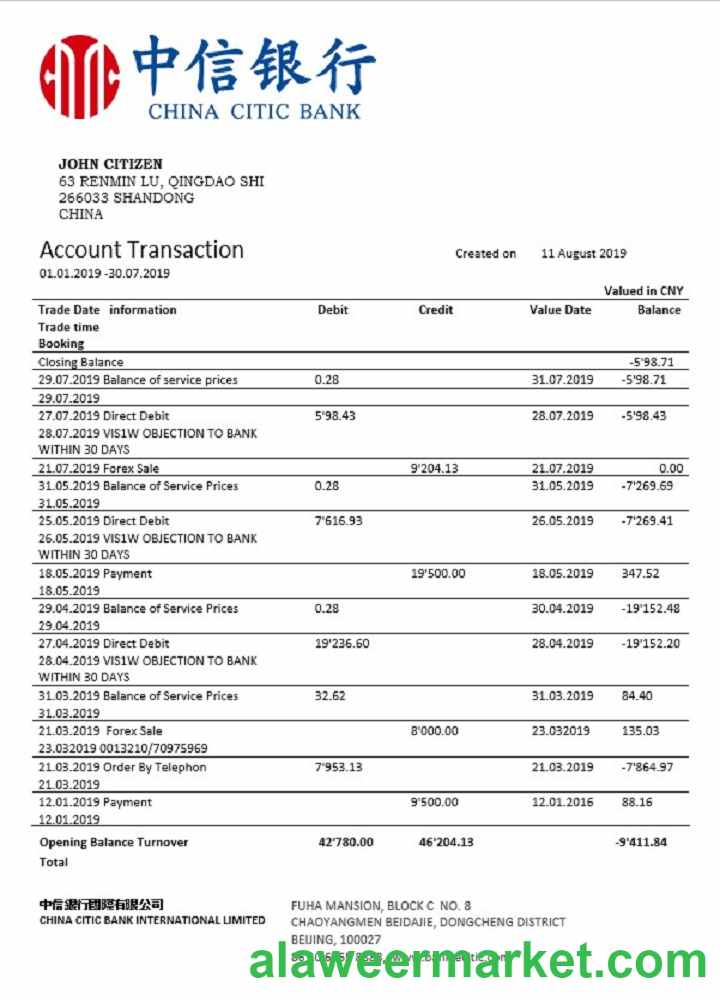 China Citic Bank Corp bank statement